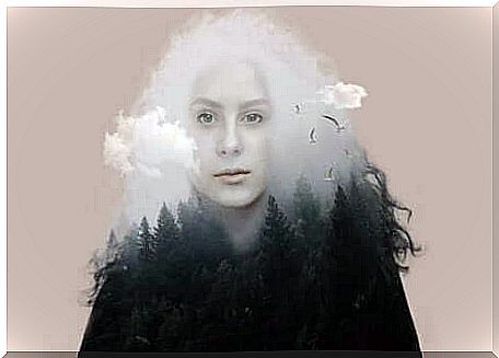 Woman with cloud hair and forest body.