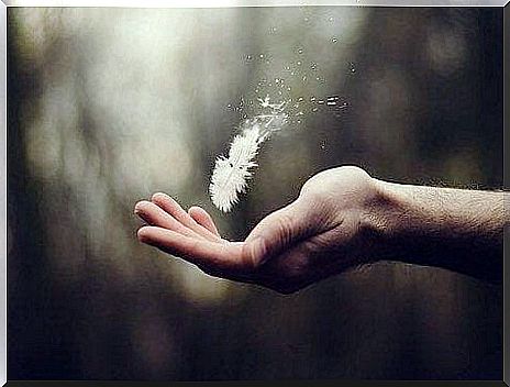 Hand with feather suspended above