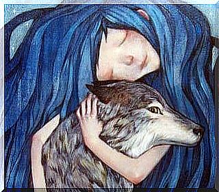 blue hair girl and wolf