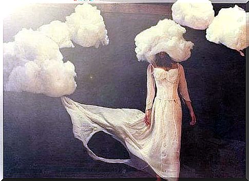 Woman with head in the clouds