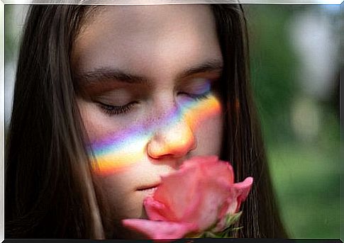 Woman, pink and rainbow