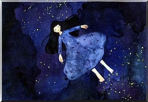 girl dressed in blue flying