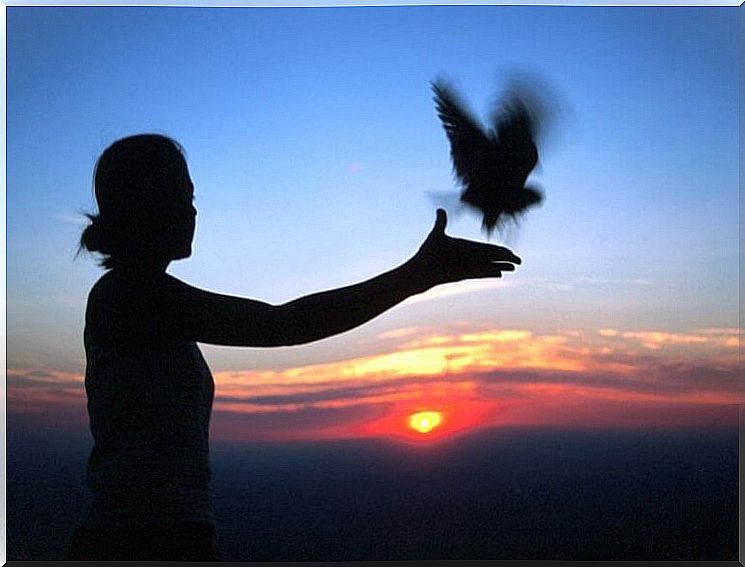 Woman frees a bird